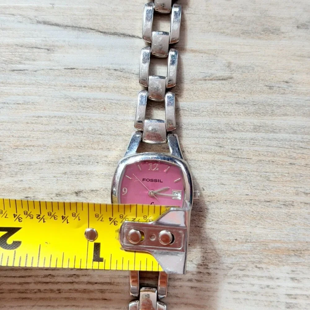 Vintage Fossil F2 Pink Dial Silver Tone Link Bracelet Watch Y2K Chunky Retro